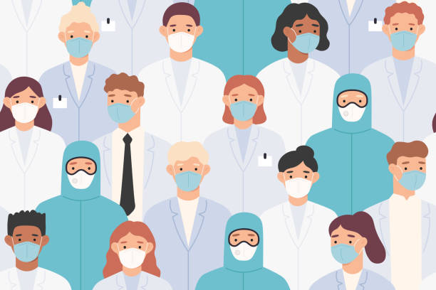 istock Hospital staff pattern. Doctors and nurses in protective suits and medical masks. Covid 19 pandemic, coronavirus Seamless vector texture 1251354378