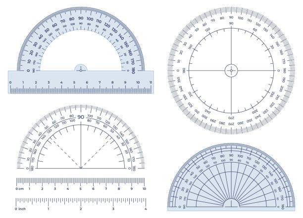 illustrations, cliparts, dessins animés et icônes de rapporteur. outil de mesure d’angles, échelle ronde de 360 protracteurs et ensemble d’illustration vectorielle de mesure de 180 degrés - ruler