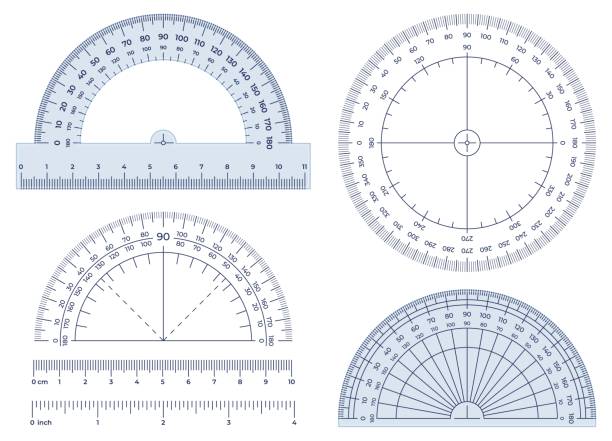 транспортир. инструмент измерения углов, шкала затяжителей раунда 360 и набор иллюстраций вектора на 180 градусов - ruler stock illustrations