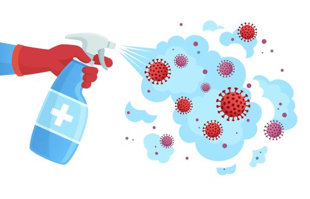 Covid 19 disinfection. Sanitizer spray, sprayed disinfectant kills bacteria and virus. Coronavirus protection concept vector illustration Covid 19 disinfection. Sanitizer spray, sprayed disinfectant kill bacteria and virus. Coronavirus protection concept vector illustration. Disinfectant bacteria, covid-19 virus, protection disinfection hand water pump stock illustrations