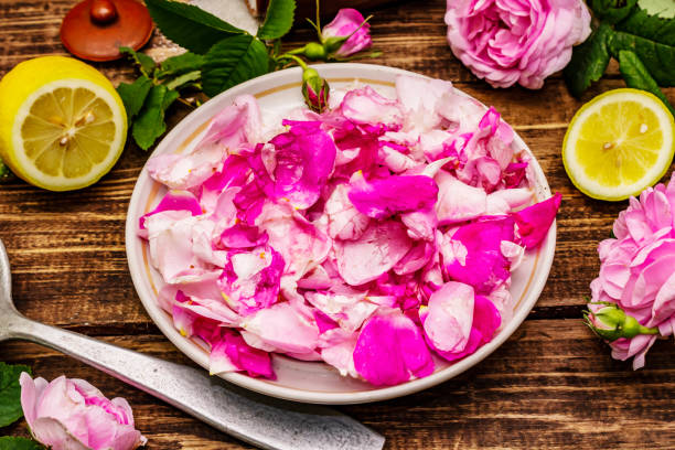 Ingredients for cooking rose petals jam. Sugar, lemon, fragrant flowers