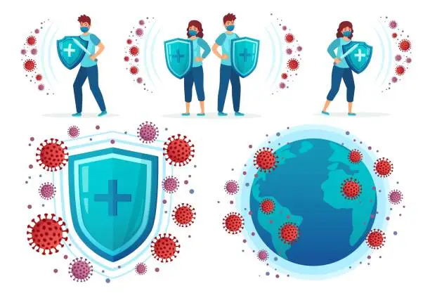Vector illustration of Protect from corona virus. People fight Covid-19, health shield vs virus and coronavirus around world globe vector illustration set