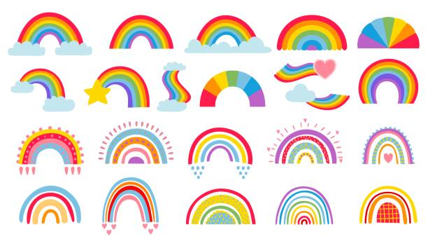 漫画の虹。カラフルな虹、心と虹色の尾と雲。手描きの色円弧ベクトルイラストセット - patchwork appliqué multi colored textile点のイラスト素材／クリップアート素材／マンガ素材／アイコン素材