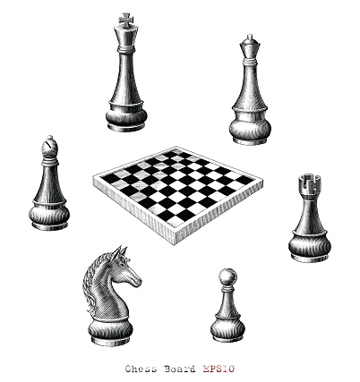 Chess Board hand drawing vintage style black and white clip art isolated on white background