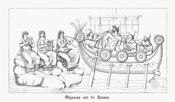 illustrazioni stock, clip art, cartoni animati e icone di tendenza di ulisse e sirene, odissea di omero, incisione su legno, pubblicato nel 1868 - boat horn