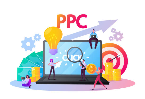 koncepcja płatności za kliknięcie. tiny znaków na ogromny komputer pulpitu z kursorem klikając na przycisk reklamy. ppc business, cpc advertising technology, sponsored listing. cartoon people wektor ilustracja - per stock illustrations