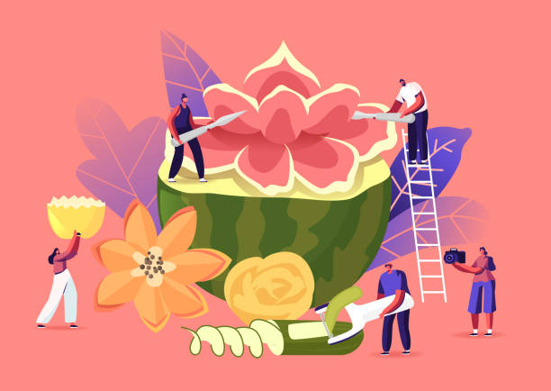 istock Tiny Characters Carving Huge Fruits and Vegetables. People Make Beautiful Flower of Watermelon. Traditional Thailand Art of Fruit and Vegetable Carving, Food Sculptures. Cartoon Vector Illustration 1251359256