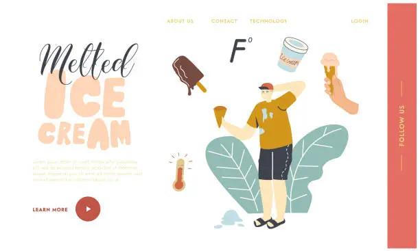 Vector illustration of Refreshing Sweet Frozen Food, Popsicle Icecream Landing Page Template. Male Character with Waffle Cone in Hand Deciding what Ice Cream to Choose in Hot Summer Day, Heat. Linear Vector Illustration