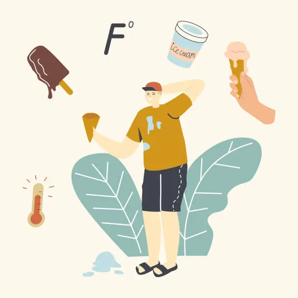 Vector illustration of Smiling Male Character with Waffle Cone in Hand Deciding what Ice Cream to Choose in Hot Summer Day. Summertime Heat, Refreshing Sweet Frozen Food, Popsicle Icecream. Linear Vector Illustration