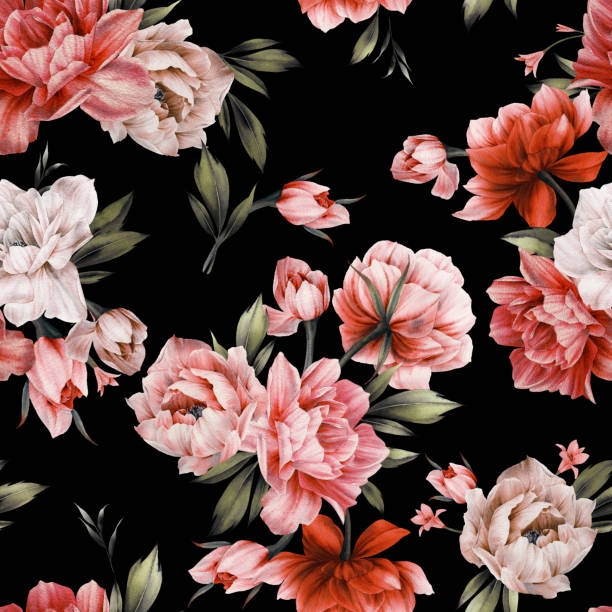 istock Seamless floral pattern with peony flowers on summer background, watercolor. Template design for textiles, interior, clothes, wallpaper. Botanical art 1251360801