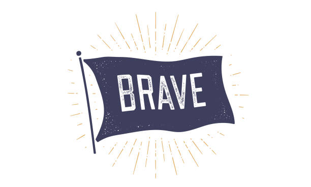 Brave. Flag grahpic. Old vintage trendy flag Brave. Flag grahpic. Old vintage trendy flag with text Brave. Vintage banner with ribbon flag, vintage style with linear drawing light rays, sunburst and rays of sun. Vector Illustration courage stock illustrations