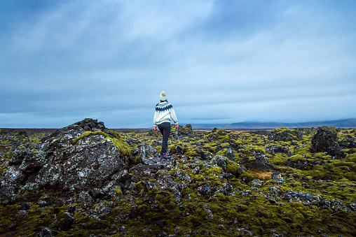Female traveler exploring scenic lava fields in Iceland on a golden circle route back view