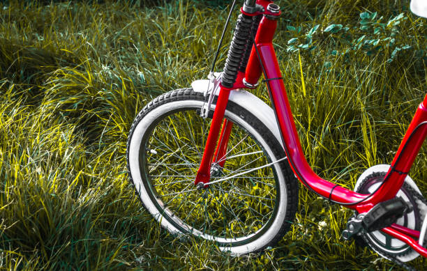 istock Red and white bicycle in grass 1251366017
