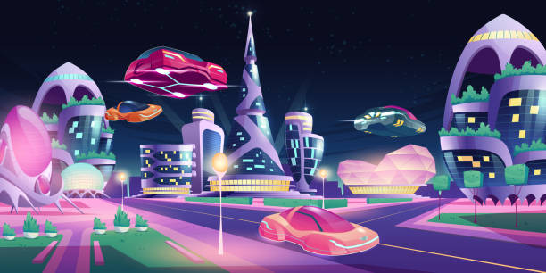 未来の夜の都市未来的な建物は車を飛ばす - 未来　車点のイラスト素材／クリップアート素材／マンガ素材／アイコン素材