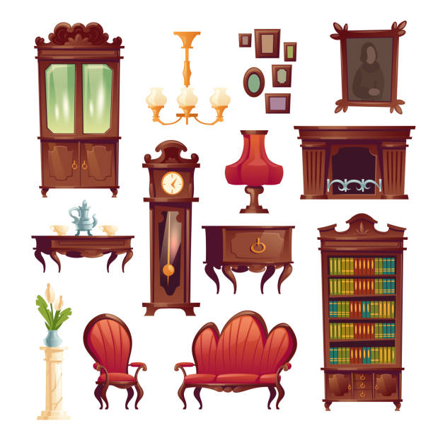 Victorian interior living room stuff, luxury royal tea service, fireplace, armchair and couch, grandfather clock, table lamp and chandelier, cupboard, picture and table, Cartoon vector illustration