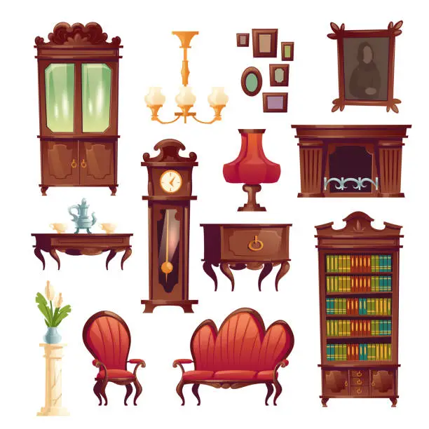 Vector illustration of Victorian living room stuff, old classic furniture