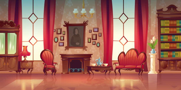 illustrazioni stock, clip art, cartoni animati e icone di tendenza di interno vettoriale del soggiorno vittoriano - living room
