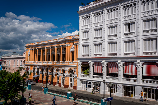Grand historical buildings at the Parque Cespedes, central public square of the city, Santiago de Cuba, Cuba