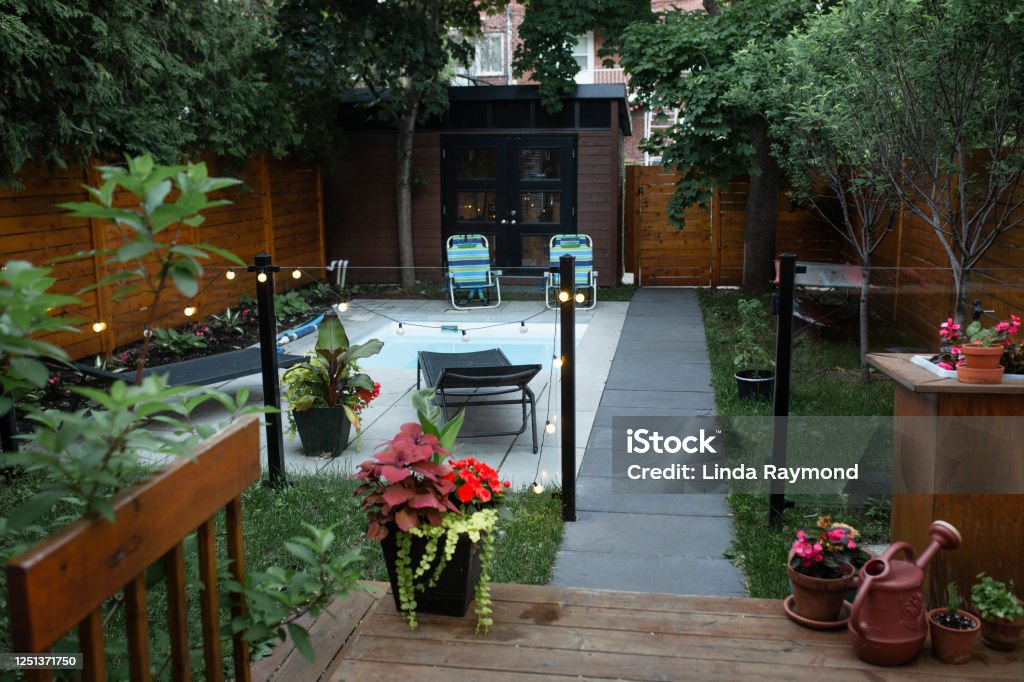 Back yard with a small swimming pool Front of back yard, swimming pool, house,  small Yard - Grounds Stock Photo