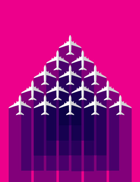 Travel abstract banner background Vector banner of multiple passenger planes with pink color background.  EPS10 ai file format. airplane flying cirrus sky stock illustrations