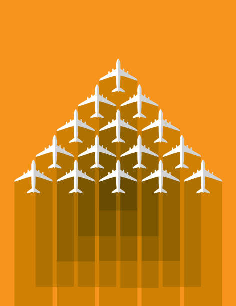 Travel abstract banner background Vector banner of multiple passenger planes with orange color background.  EPS10 ai file format. airplane flying cirrus sky stock illustrations