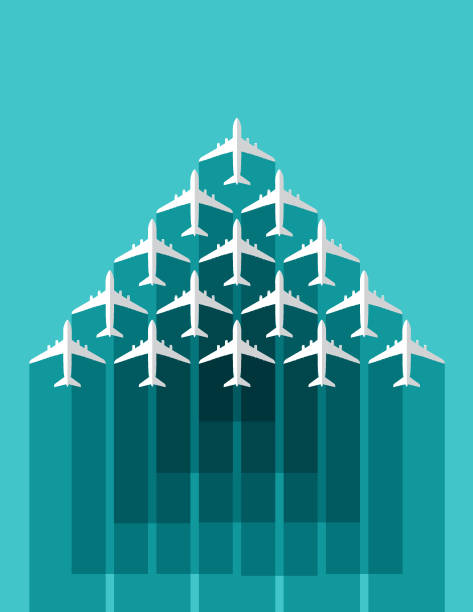 Travel abstract banner background Vector banner of multiple passenger planes with green color background.  EPS10 ai file format. airplane flying cirrus sky stock illustrations