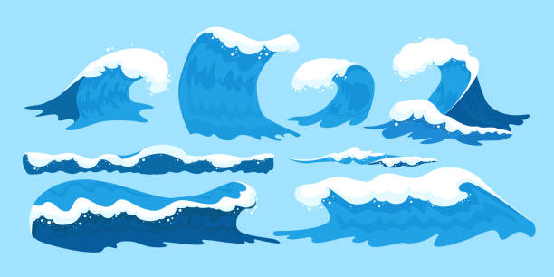 meer wellen sammlung. set von blauen ozean wellen mit weißem schaum im cartoon-stil. isolierte wasserspritzer vektor illustration - storm tide tide wave high tide stock-grafiken, -clipart, -cartoons und -symbole