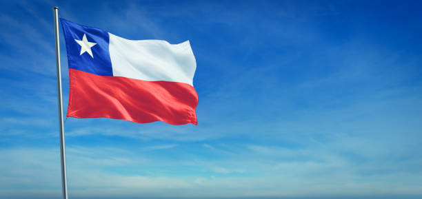 The National flag of Chile The National flag of Chile blowing in the wind in front of a clear blue sky country geographic area photos stock pictures, royalty-free photos & images
