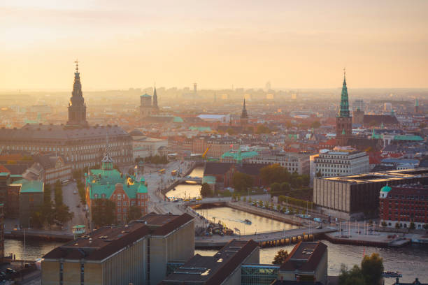 Panoramic view of central Copenhagen. Center of Copenhagen with old stock market, parliament, cathedral and city hall. danish culture stock pictures, royalty-free photos & images