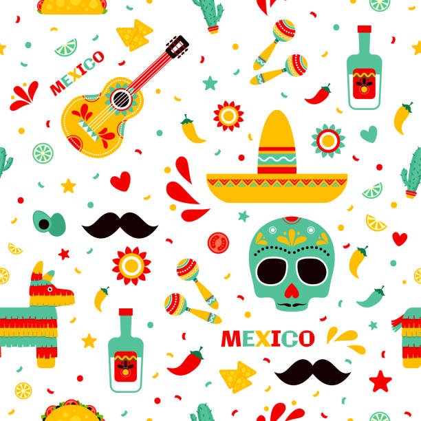 illustrazioni stock, clip art, cartoni animati e icone di tendenza di cinco de mayo (quinto maggio) motivo senza cuciture con bottiglia di tequila, cactus, fiore, serpentina, sombrero, chitarra, lime, peperoncino. biglietti d'auguri messicani - mexico mexican culture cinco de mayo art