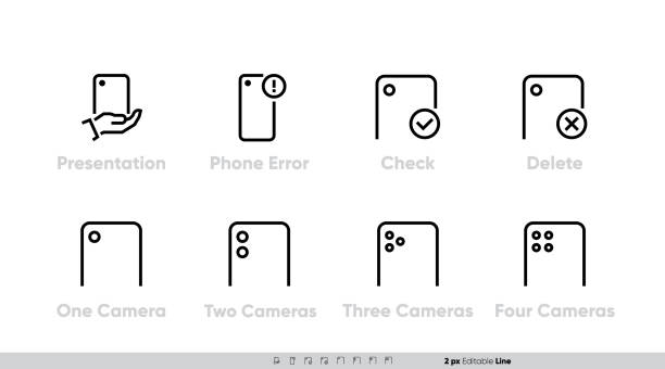 전화 카메라 다른 크기 아이콘 세트. 하나, 둘, 셋, 네 개의 카메라 팩. 전화 확인 및 오류. 편집 가능한 선 벡터 - television tower flash stock illustrations
