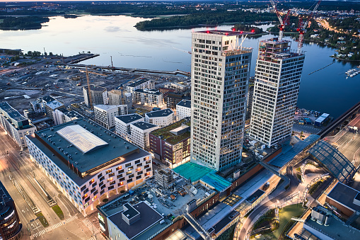 Helsinki, Finland - June 13, 2020: Aerial view of first skyscrapers in Finland in Kalasatama district. Tallest buildings in Finland.