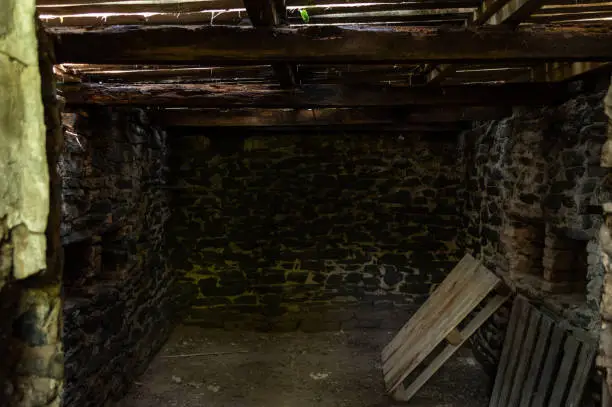 A small room with stone walls. The old cellar. A dark room.