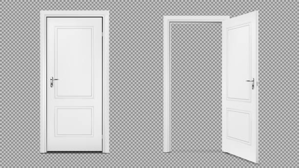 ilustraciones, imágenes clip art, dibujos animados e iconos de stock de abrir y cerrar puerta realista aislada sobre fondo transparente - entrar casa