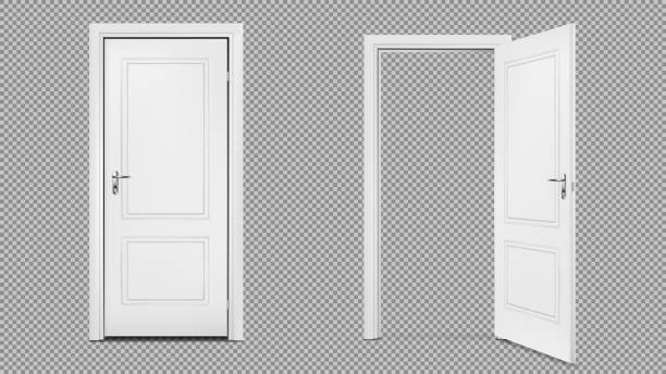 ilustraciones, imágenes clip art, dibujos animados e iconos de stock de abrir y cerrar puerta realista aislada sobre fondo transparente - puerta estructura creada por el hombre