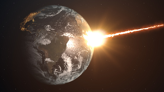 Meteor impact on planet Earth.\n\nMap/Texture sources:\nhttps://visibleearth.nasa.gov/view.php?id=73909\nhttps://eoimages.gsfc.nasa.gov/images/imagerecords/73000/73909/world.topo.bathy.200412.3x21600x10800.jpg\nhttps://visibleearth.nasa.gov/view.php?id=79765\nhttps://eoimages.gsfc.nasa.gov/images/imagerecords/79000/79765/dnb_land_ocean_ice.2012.13500x6750.jpg\nhttps://visibleearth.nasa.gov/view.php?id=74518\nhttps://eoimages.gsfc.nasa.gov/images/imagerecords/74000/74518/world.topo.200412.3x21600x10800.jpg