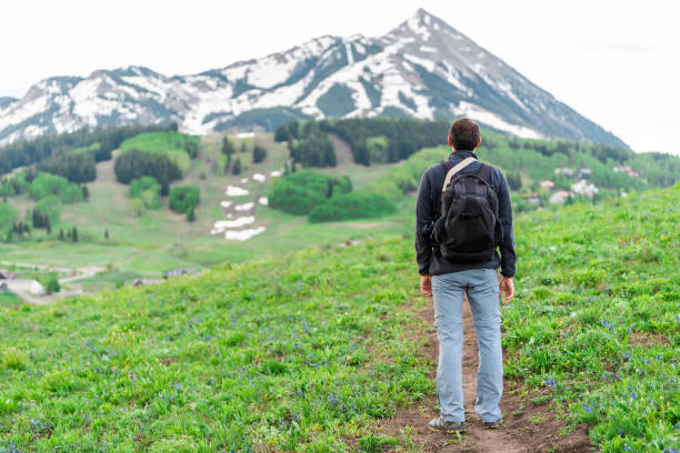 istock Man standing back on Snodgrass trail with bokeh background view of Mount Crested Butte, Colorado peak and village in summer 1251386073