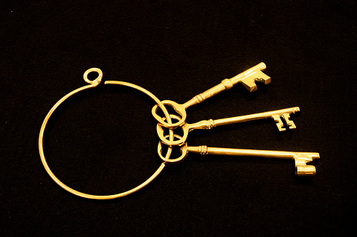 A ring of three brass keys on black background.
