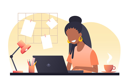 A young african woman with dark hair works on a laptop. Work from home. Freelance. Stay at home. Vector flat illustration.