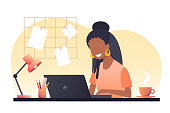 istock A young african woman with dark hair works on a laptop. Work from home. Freelance. Stay at home. Vector flat illustration. 1251388737