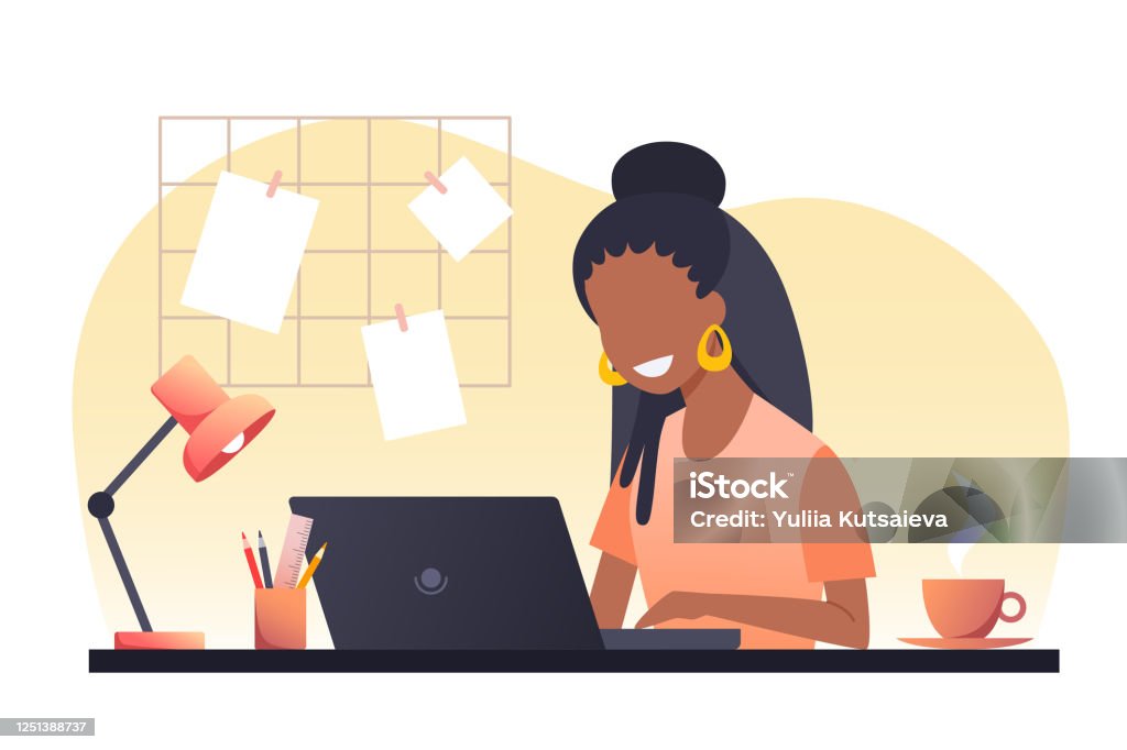 A young african woman with dark hair works on a laptop. Work from home. Freelance. Stay at home. Vector flat illustration. A young woman with dark hair works on a laptop. Work from home. Freelance. Stay at home. Vector flat illustration. Women stock vector