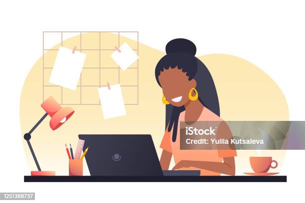 A Young African Woman With Dark Hair Works On A Laptop Work From Home Freelance Stay At Home Vector Flat Illustration Stock Illustration - Download Image Now