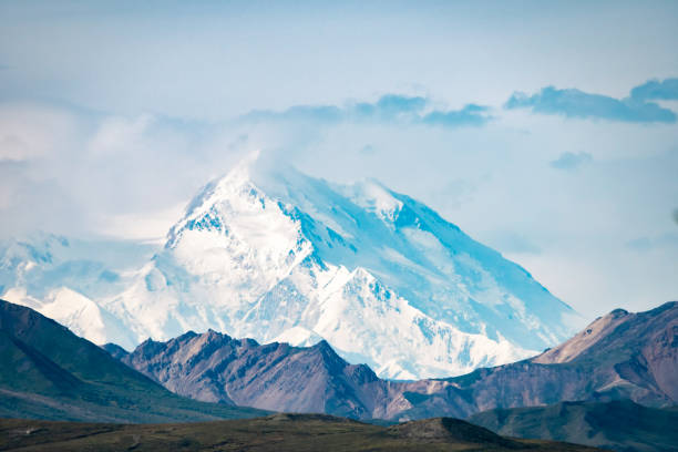 Snow covered Denali partially obscured by clouds with a mountain range in the foreground. Clouds surround Denali with green ridges in the foreground. denali mountain stock pictures, royalty-free photos & images