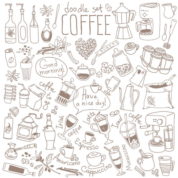 Coffee doodle set. Variety of drinks and accessories. Cappuccino, espresso, latte, coffeemaker, french press, moka pot, cezve. Vector hand drawn illustration for menu isolated on background barista stock illustrations
