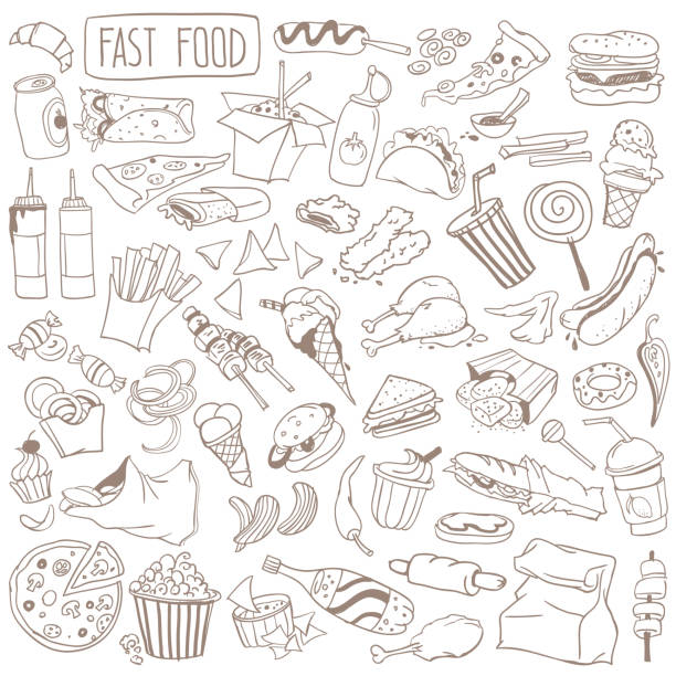Fast food doodle set. Popular street food, snacks and take away drinks. Burger, pizza, french fries, hot dog, donut, sandwich, cola. Vector hand drawn illustration isolated on white background street food stock illustrations