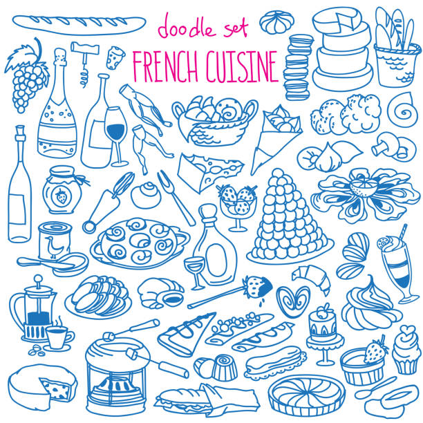 French cuisine doodles set. Traditional food and drinks Baguette, croissant, wine, cheese, crepes, coffee. Vector hand drawn illustration isolated on white background french food stock illustrations
