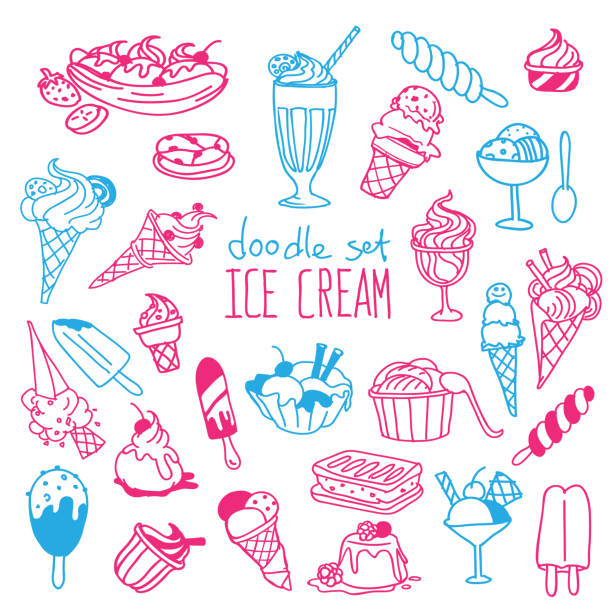 Ice cream hand drawn outline doodle set. Vector hand drawn illustration isolated on white background snow cone stock illustrations