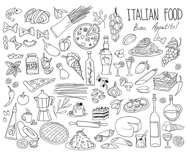 italienische küche doodle-set. traditionelle speisen und getränke - pizza, lasagne, risotto, gelato, pasta, spaghetti, wein. - pasta stock-grafiken, -clipart, -cartoons und -symbole