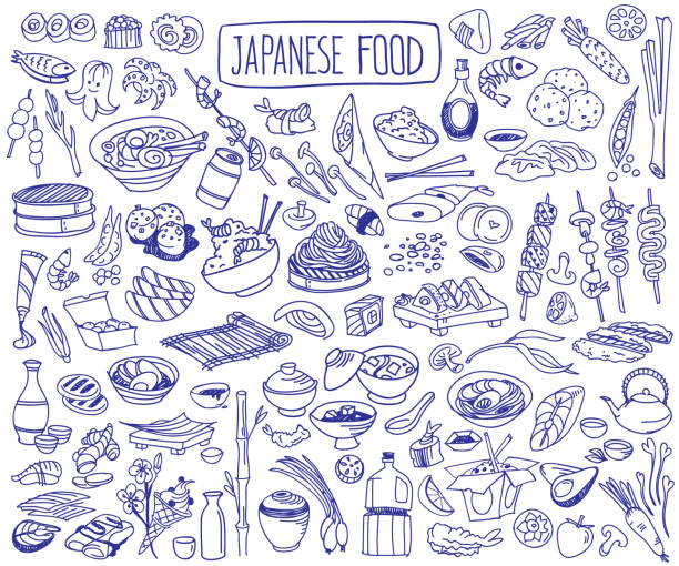 Japanese cuisine doodle set. Traditional food and drinks. Sushi, noodles, ramen, udon, yakitori. Vector hand drawn illustration isolated on white background japanese food stock illustrations