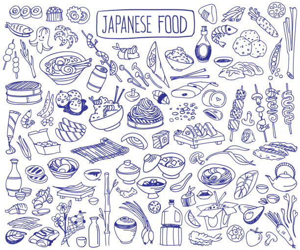 Japanese cuisine doodle set. Traditional food and drinks. Sushi, noodles, ramen, udon, yakitori. Vector hand drawn illustration isolated on white background ingredient illustration stock illustrations